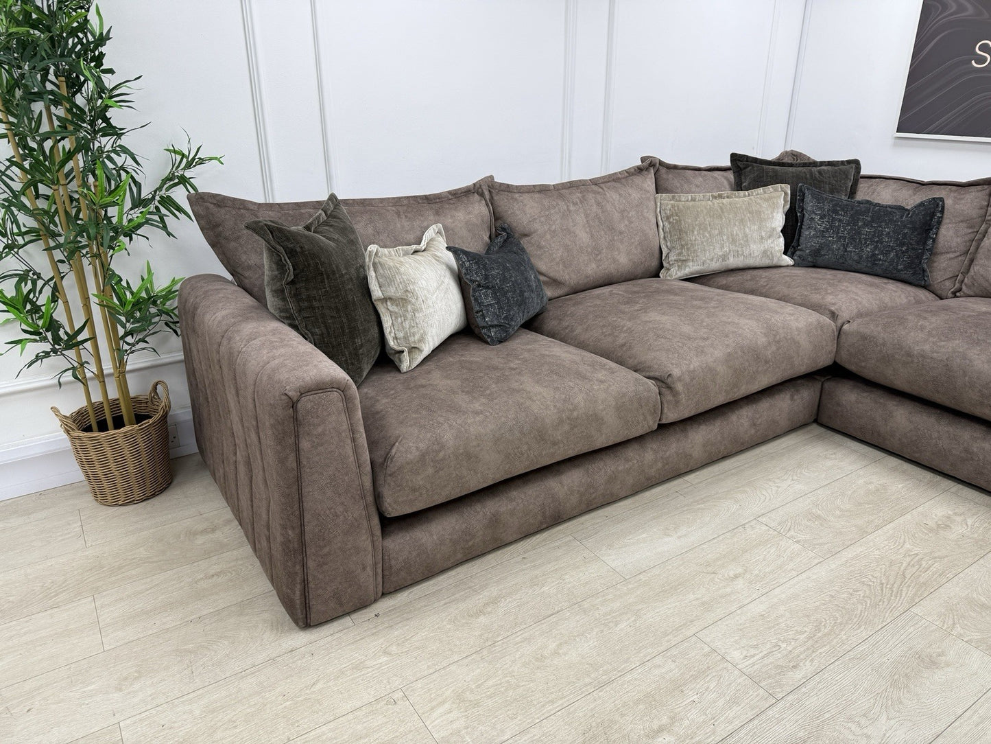 DFS Devine Left Hand Facing Corner Sofa In Self Piped Chocolate Combination
