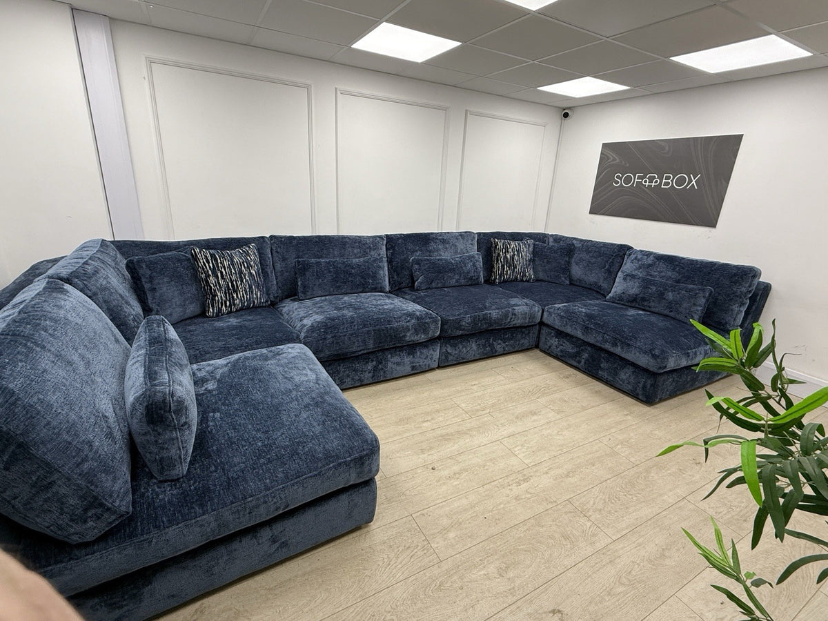 Sofology Bellagio Large U Shape Sofa In Luxury Deep Pile Chenille Denim Fabric