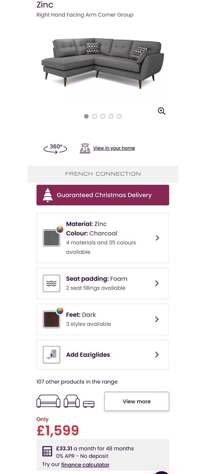 DFS Zinc French Connection Corner Sofa In Grey