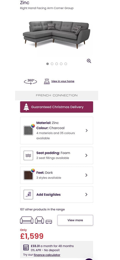 DFS Zinc French Connection Corner Sofa In Grey