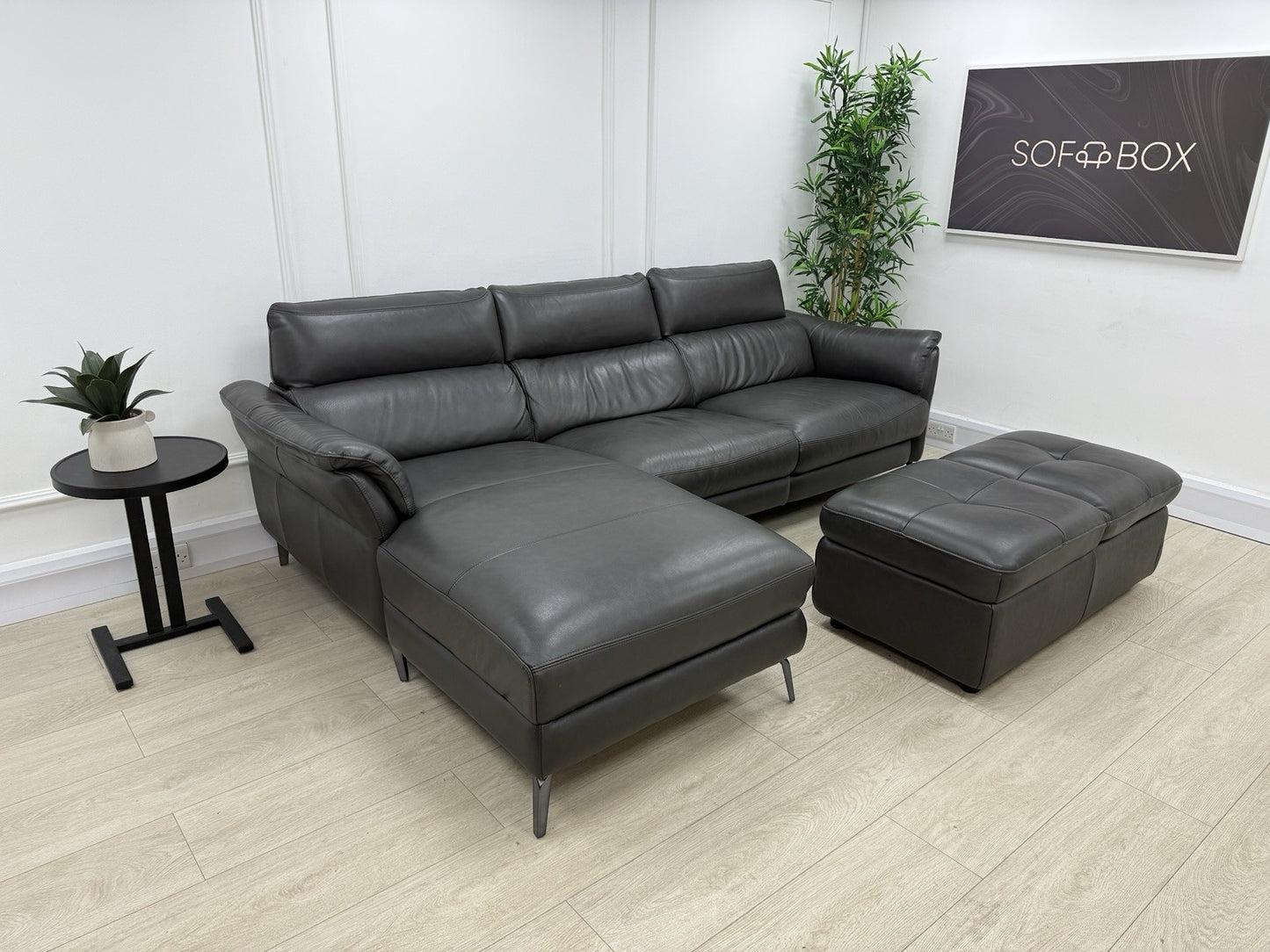 Sofology The Missouri 3 Seater Chaise Sofa & Footstool Set In Charcoal Leather