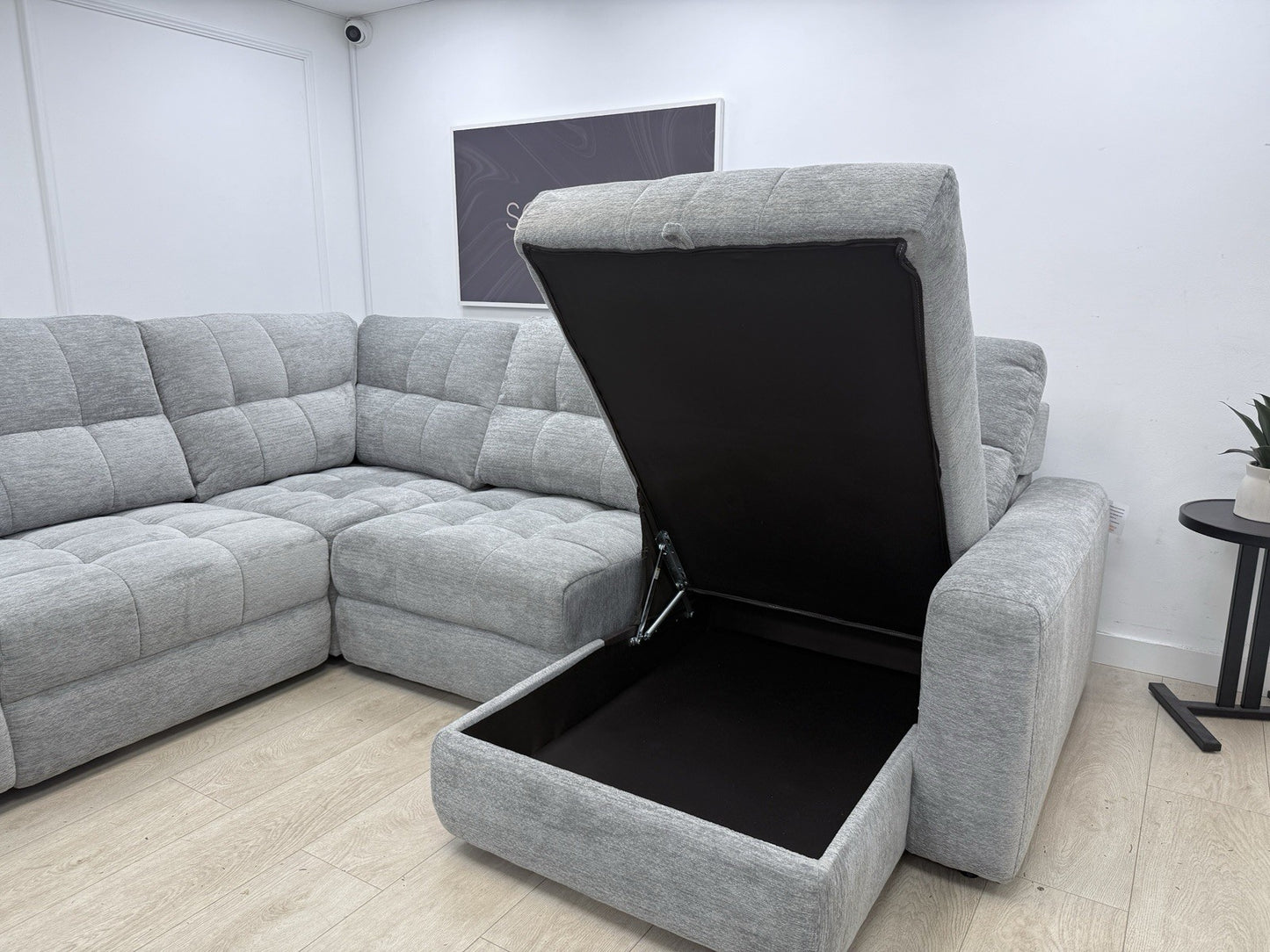 DFS Steller Power Recliner Slider Corner Sofa In Mist Grey Fabric
