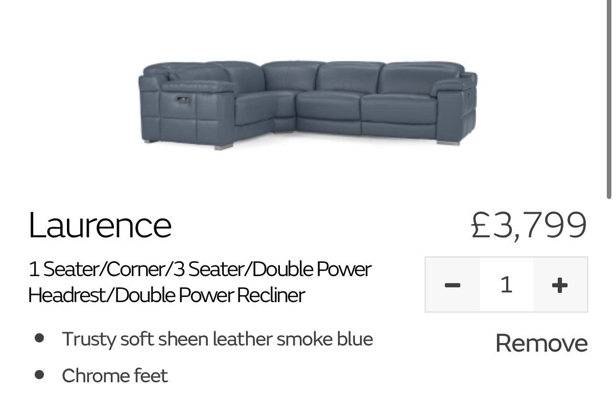 Sofology Laurence Power Recliner Corner Sofa In Smoke Blue Leather