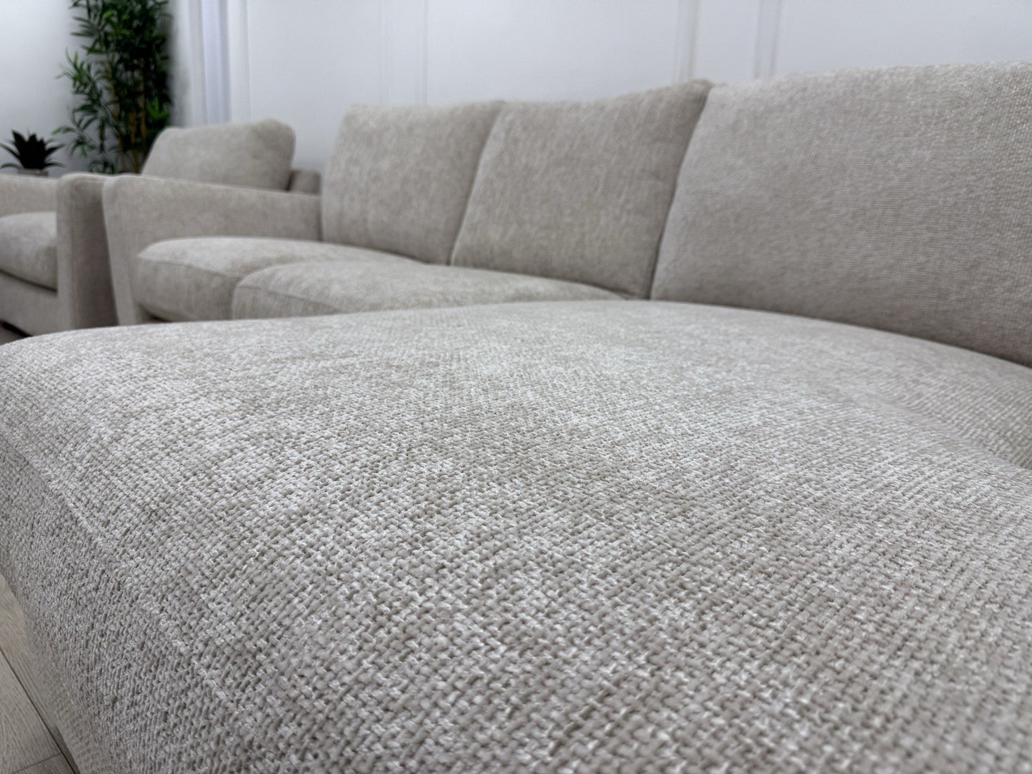 Next L Shape Sofa & Cuddle Chair Set In Chunky Cross Weave Oatmeal Fabric