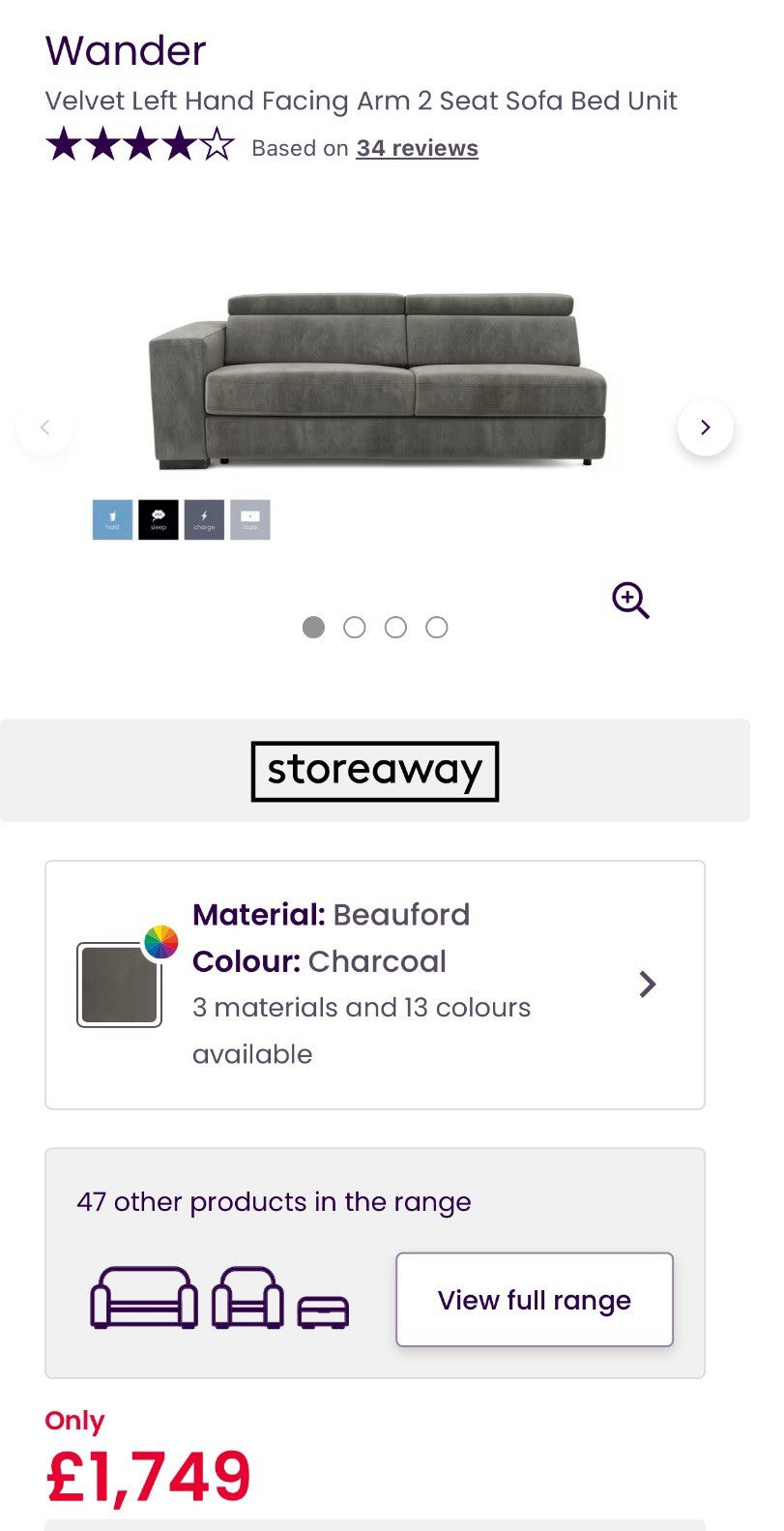DFS Wander Power Recliner/Sofa Bed 4 Seater Sofa In Charcoal Velvet Fabric