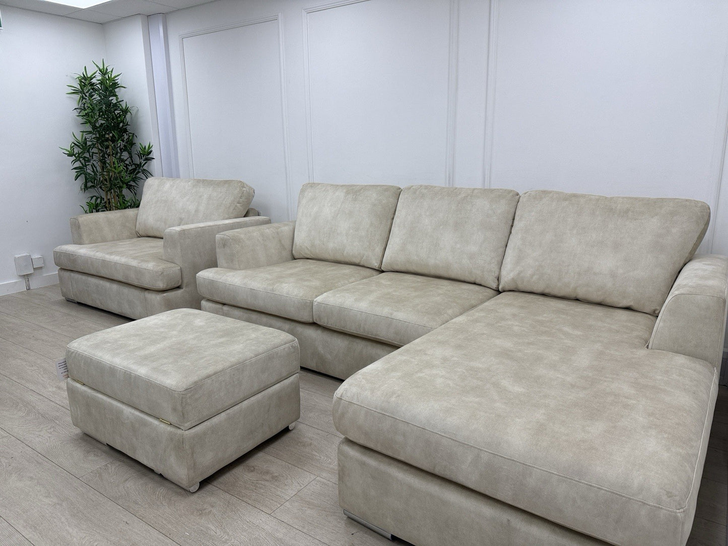 DFS Freya 4 Seater Lounger, Cuddle Chair, Footstool Set In Cream Velvet