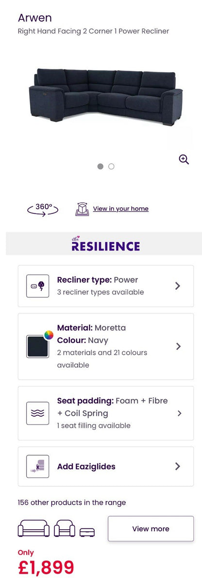 DFS Arwen Power Recliner Corner Sofa Right Hand Facing & Footstool Set In Navy