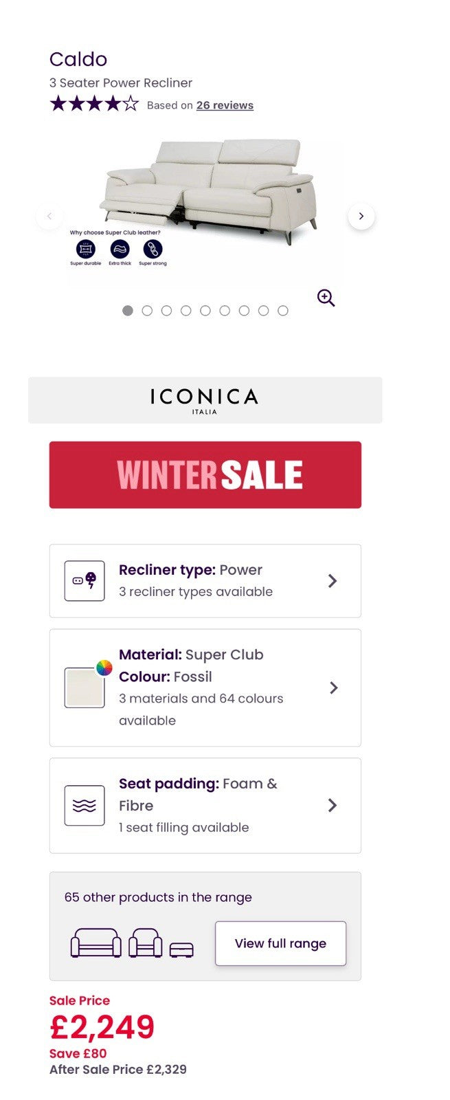 DFS Caldo 3 Seater Power Recliner Sofa In Fossil Leather