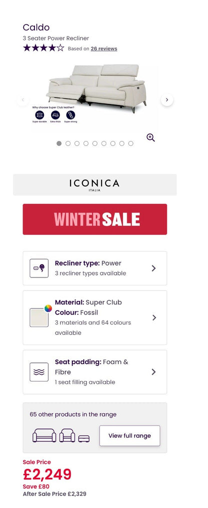 DFS Caldo 3 Seater Power Recliner Sofa In Fossil Leather