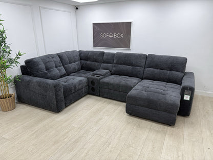 DFS Steller Power Recliner Corner Sofa W/ Speaker Storage In Nuova Black Fabric