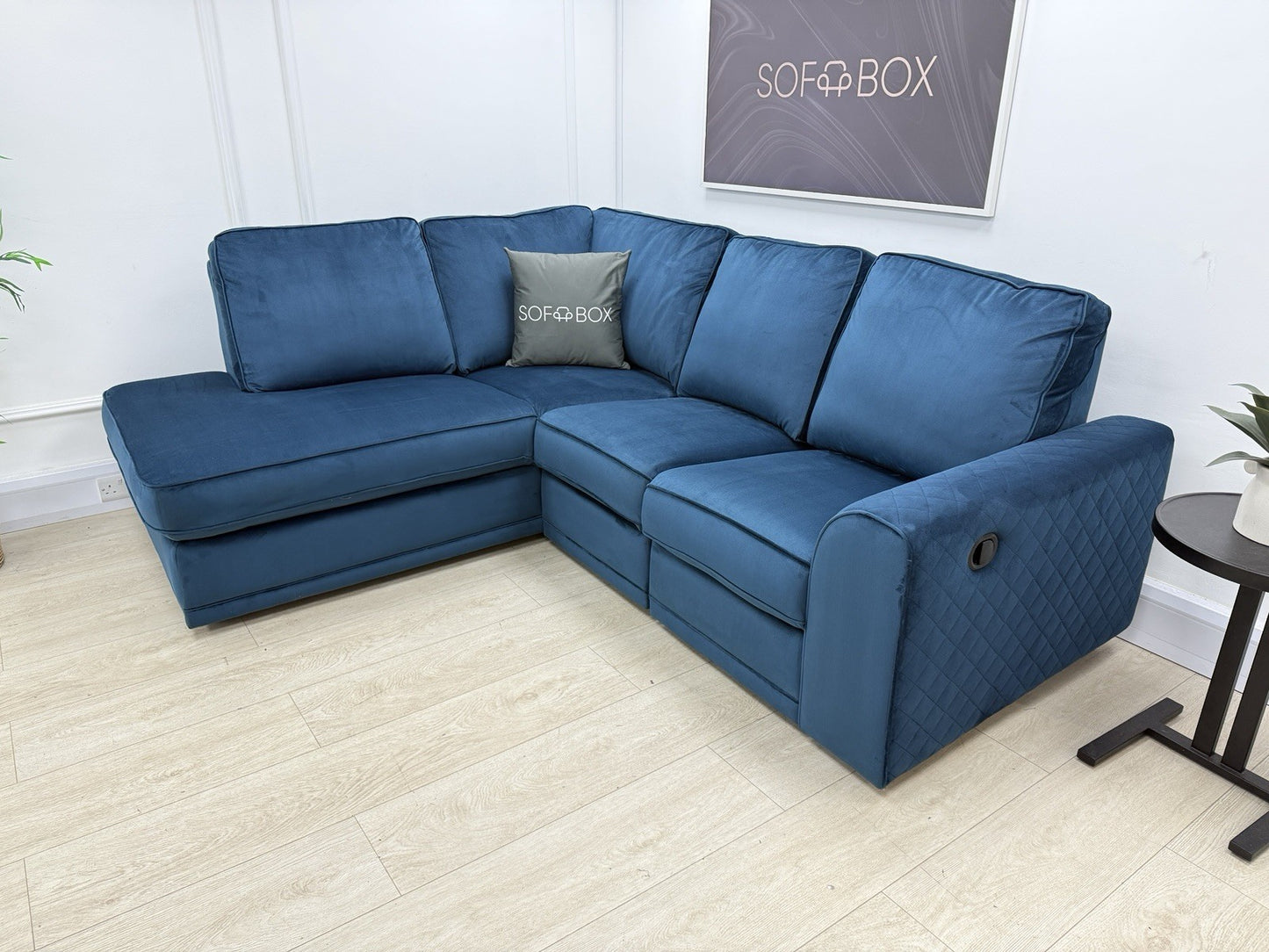 DFS Orka Corner Recliner Sofa In Blue Velvet Fabric
