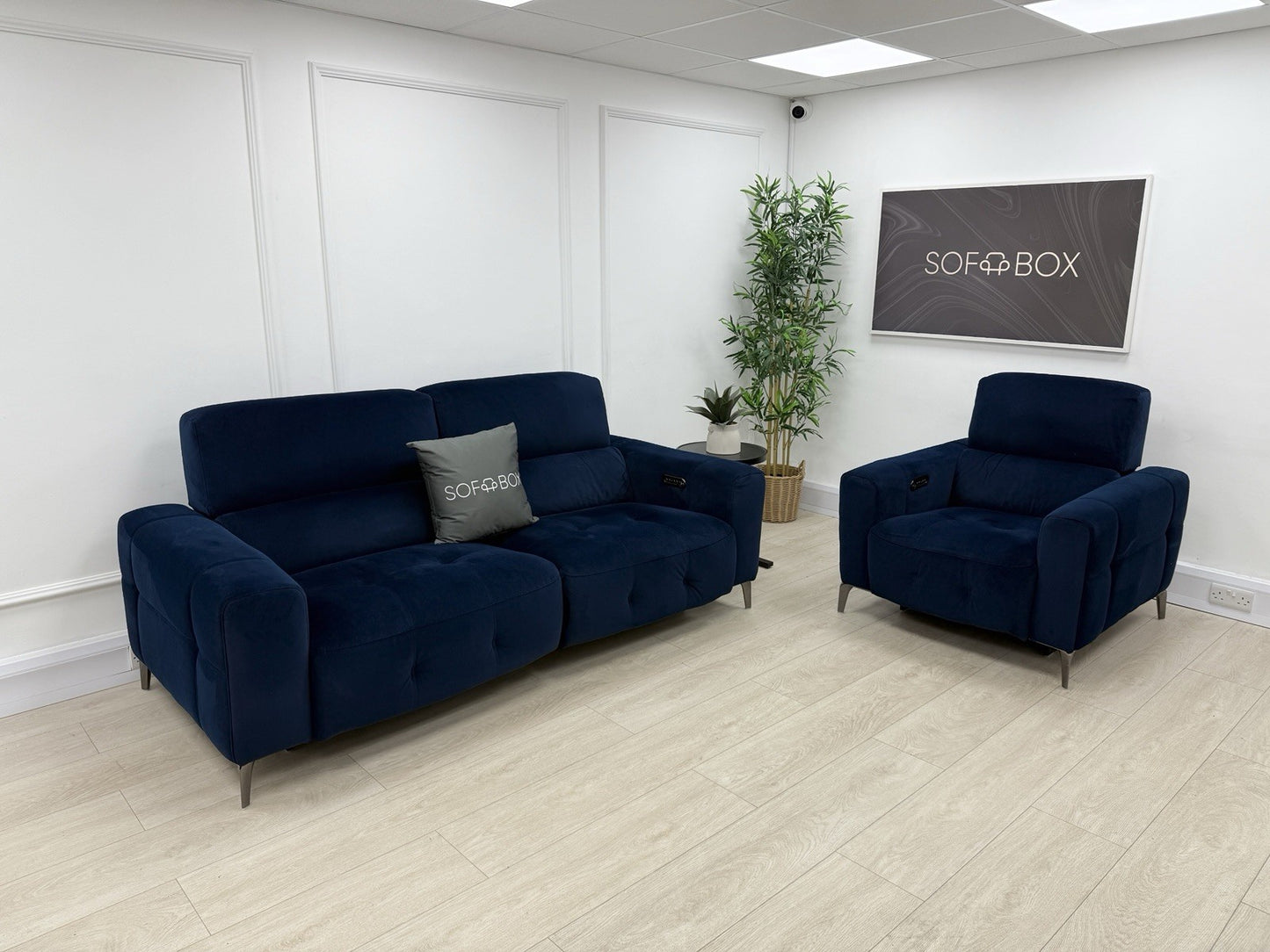 Furniture Village New York Power Recliner 3 Seater & Chair Set In Navy Velvet