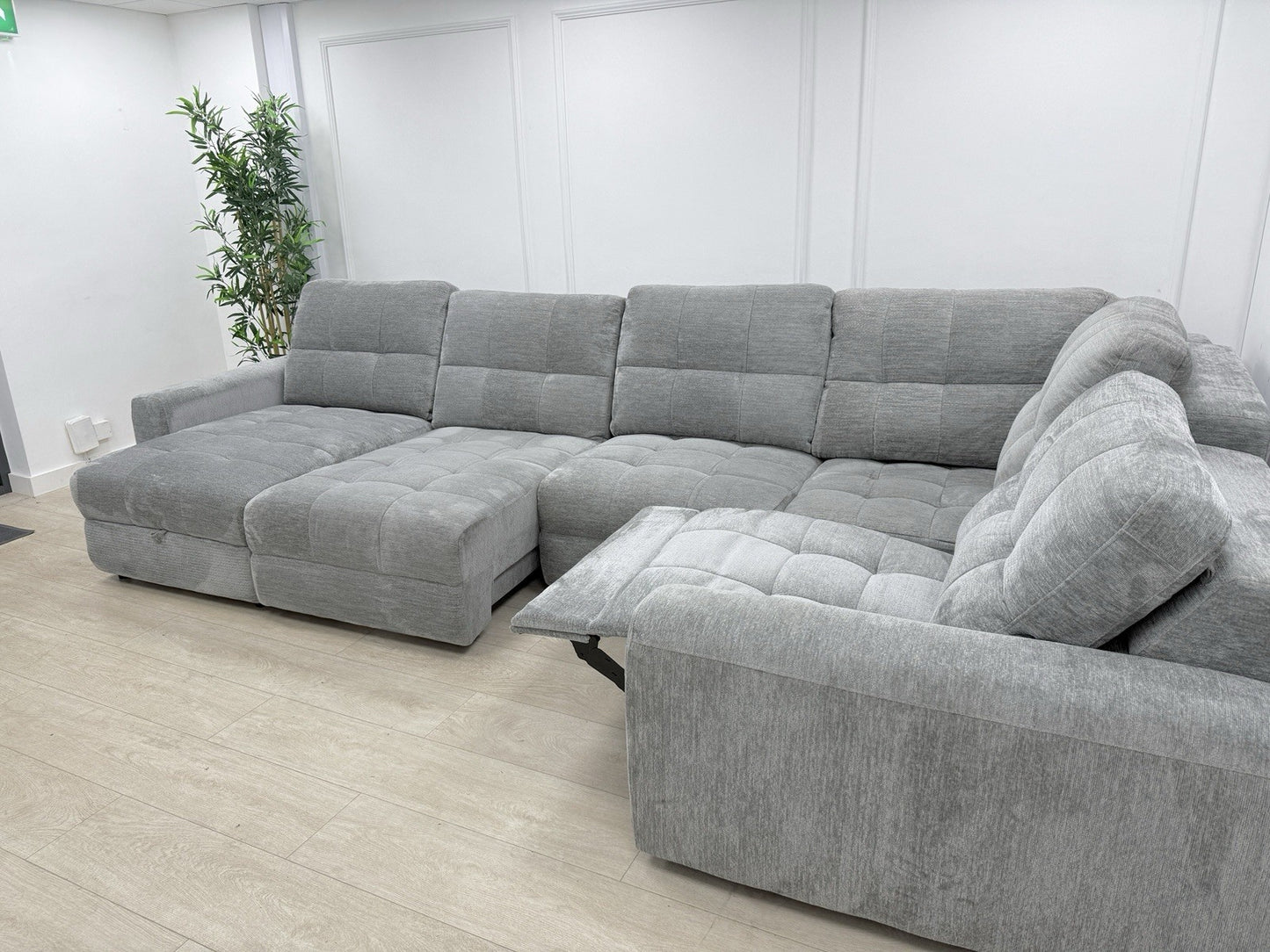 DFS Steller Power Recliner Slider Corner Sofa In Mist Grey Fabric