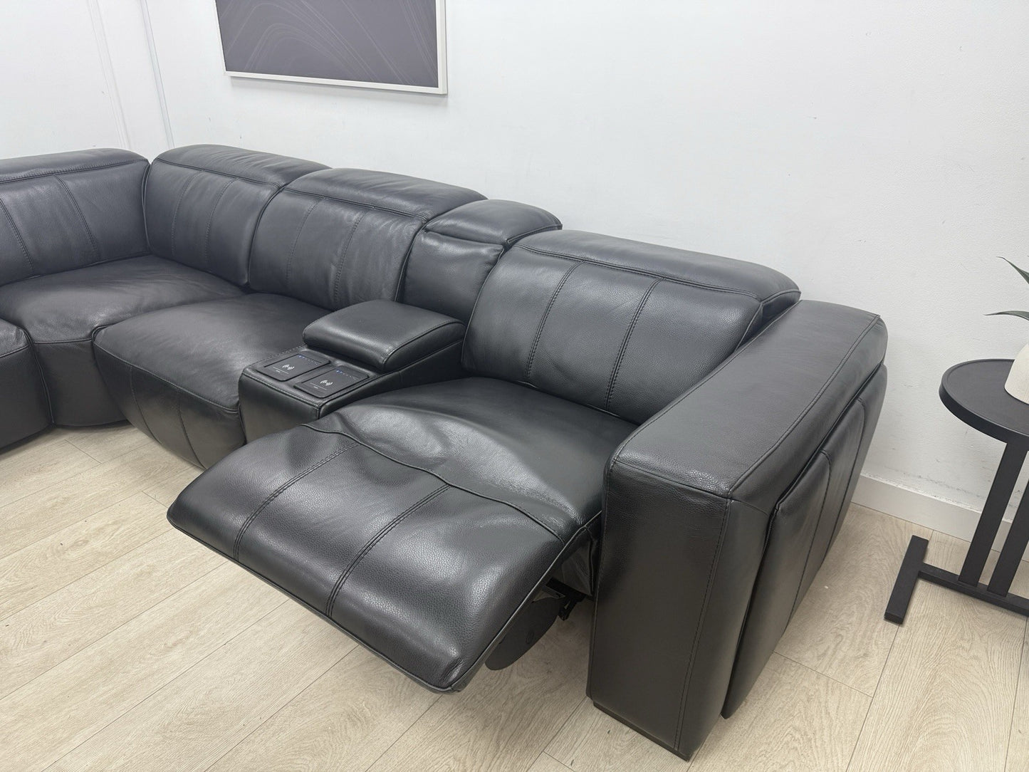 DFS Crusade Heated Power Recliner Corner Sofa Black Leather Smart Console Unit