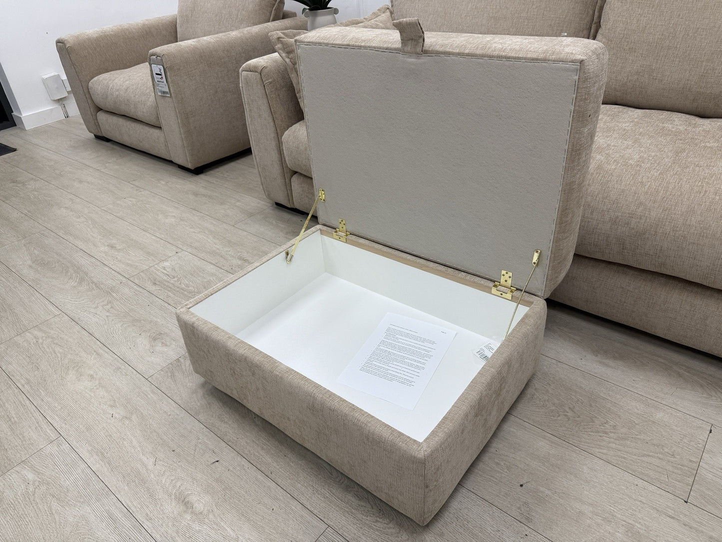 DFS Somerford 3 Seater Sofa, Armchair & Footstool In Mink Fabric