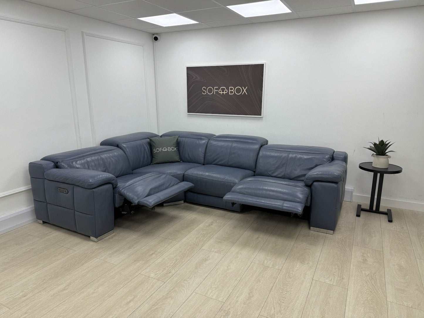 Sofology Laurence Power Recliner Corner Sofa In Smoke Blue Leather