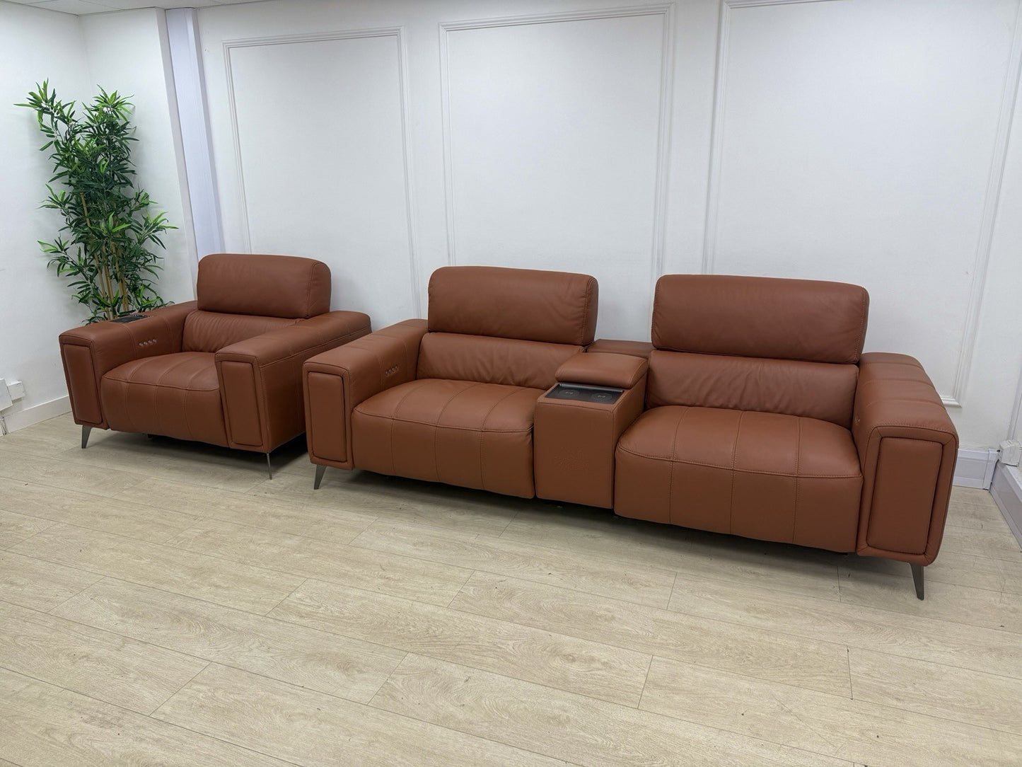 DFS Showcase 3 Seater Sofa With Smart Console & Armchair In Cinnamon Leather