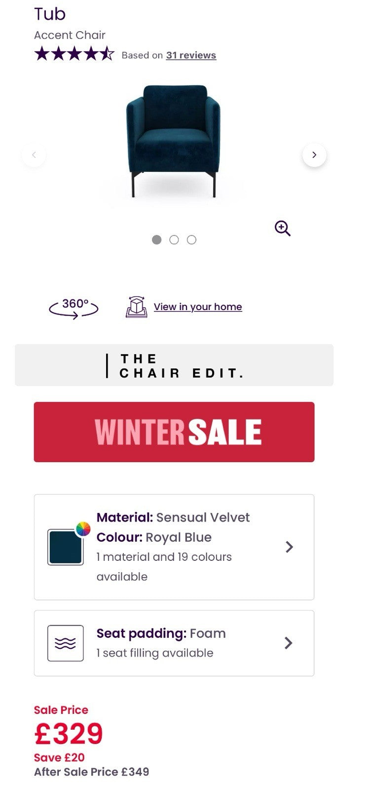 DFS Tub Accent Chair In Blue Velvet