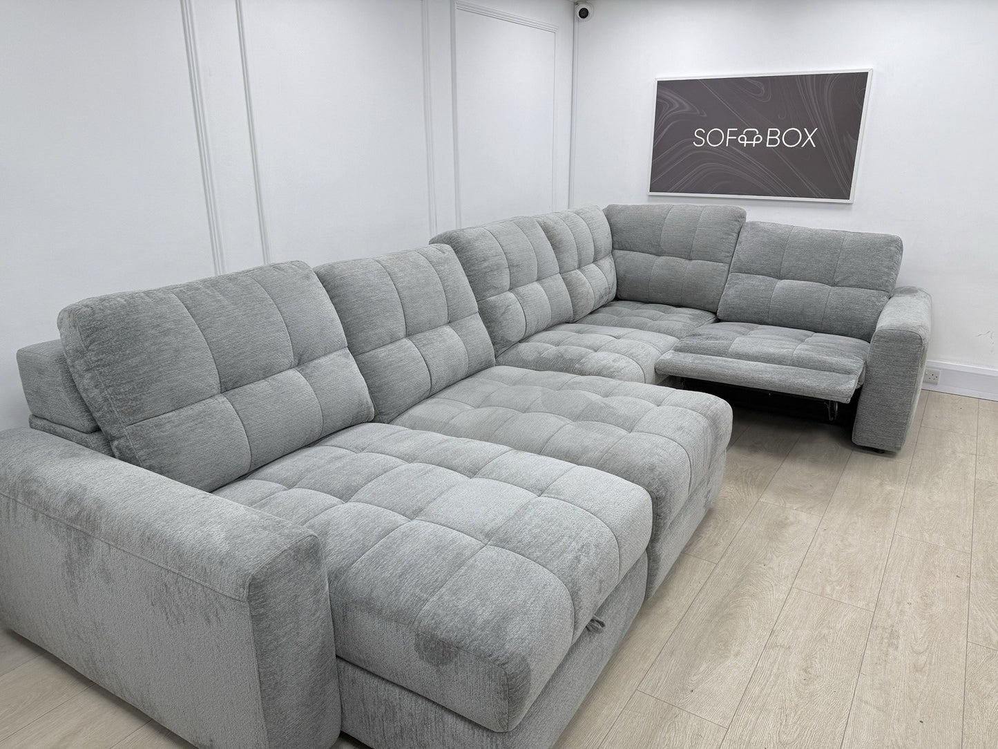 DFS Steller Power Recliner Slider Corner Sofa In Mist Grey Fabric