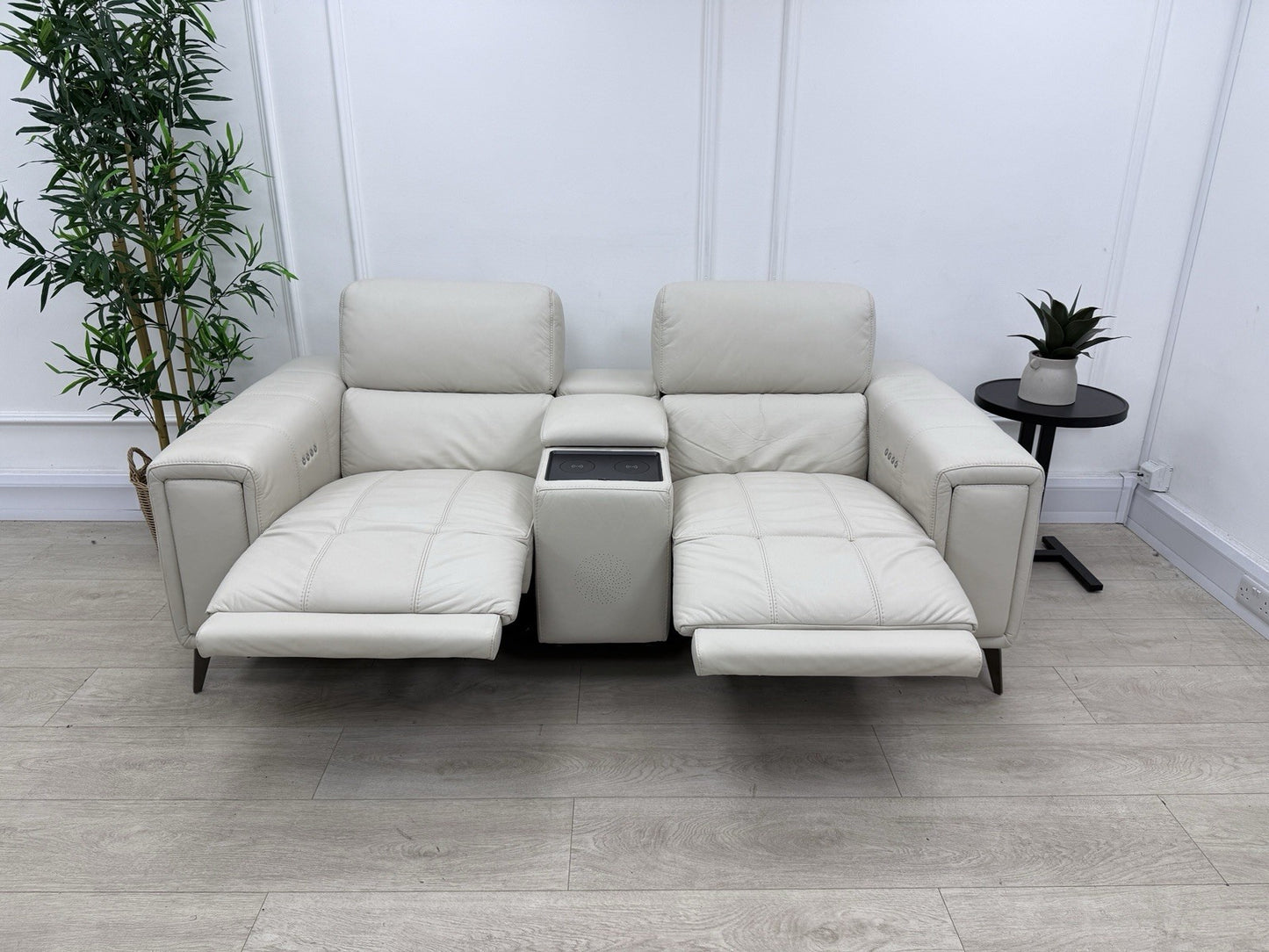 DFS Showcase 2 Seater Cinema Power Recliner Sofa With Console In Frost Leather