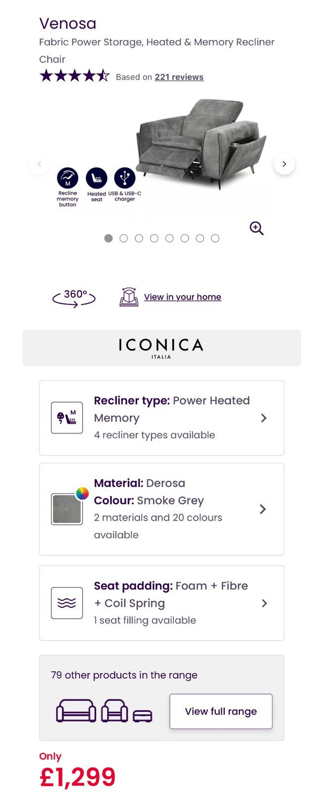 DFS Venosa Heated/Memory/Power Recliner Chair In Smoke Grey Fabric