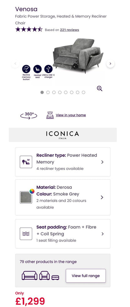 DFS Venosa Heated/Memory/Power Recliner Chair In Smoke Grey Fabric