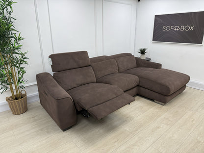 Furniture Village Xavier 3 Seater Chaise Sofa Power Recliner/Headrests In Brown Fabric