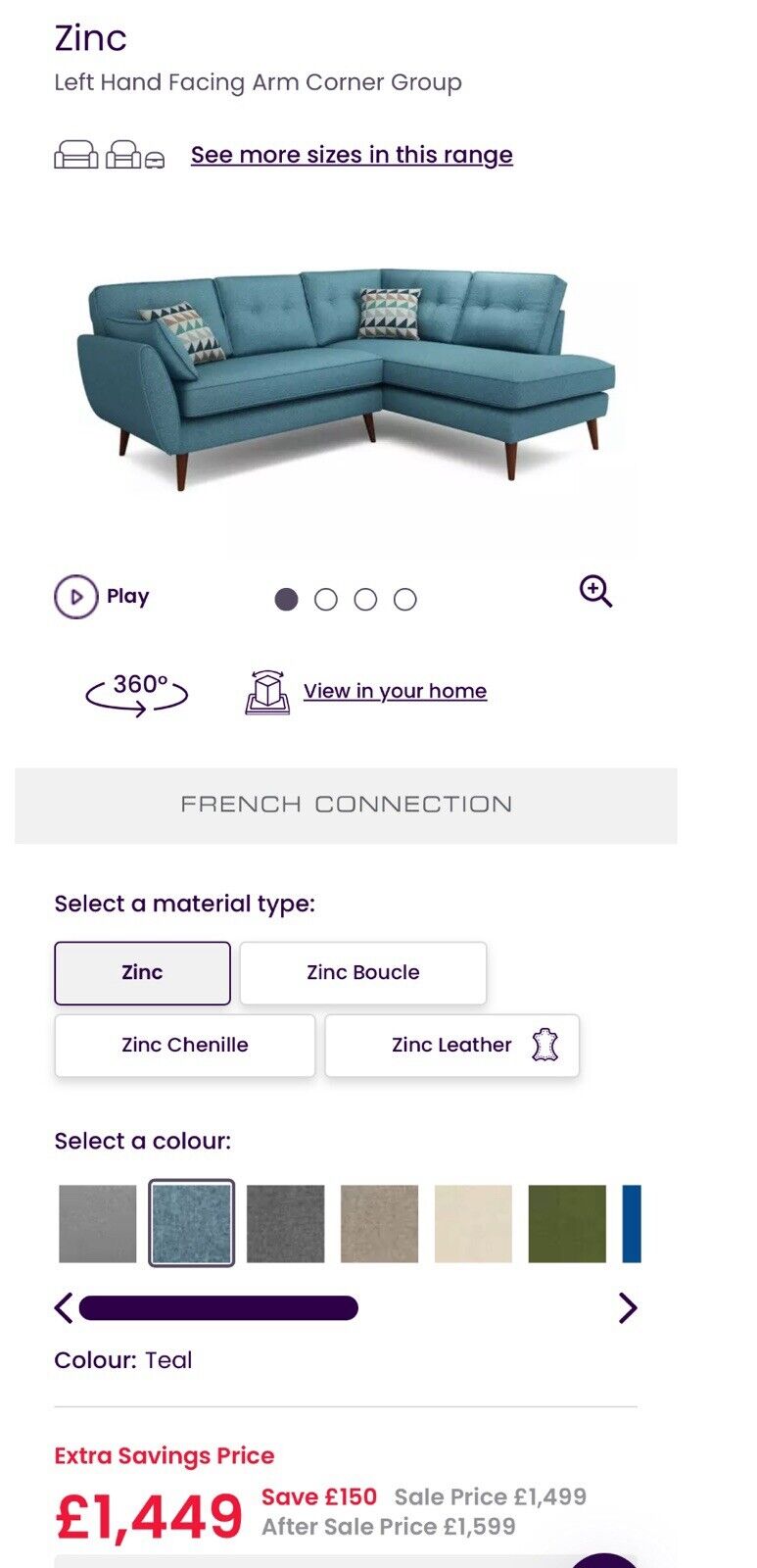 DFS Zinc French Connection Corner Sofa & Extra Seat In Teal