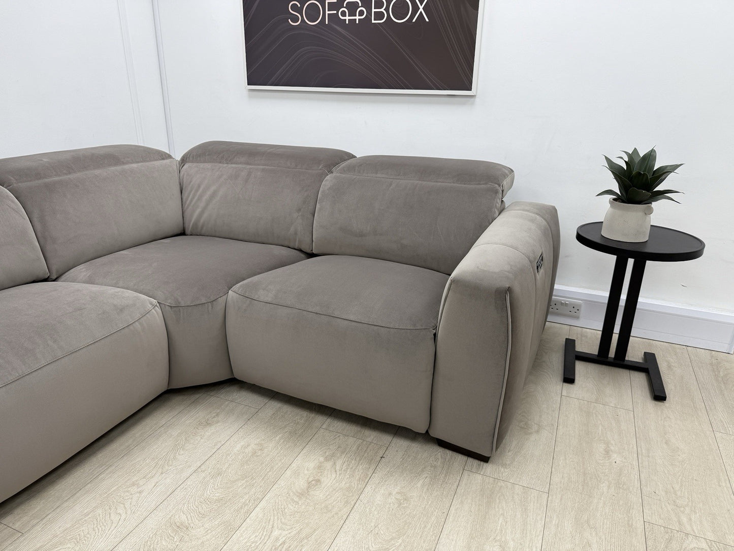 DFS Lauder Power Recliner Corner Sofa In Taupe Velvet Fabric