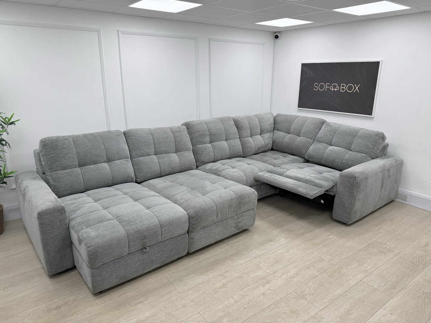 DFS Steller Power Recliner Slider Corner Sofa In Mist Grey Fabric