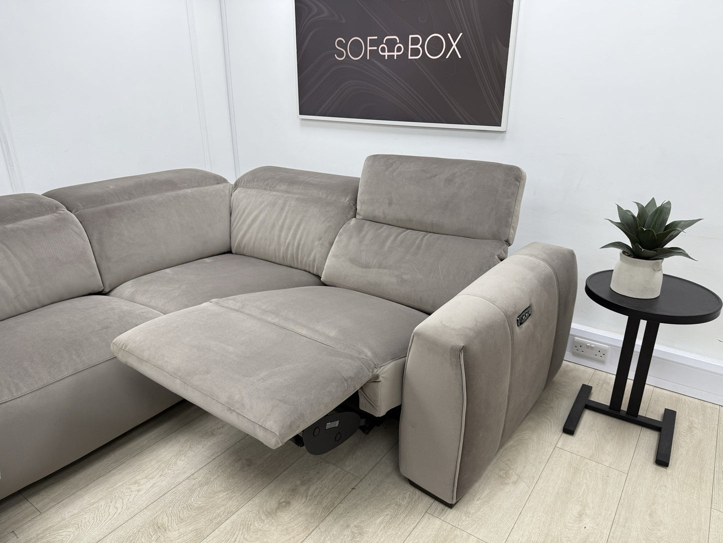 DFS Lauder Power Recliner Corner Sofa In Taupe Velvet Fabric