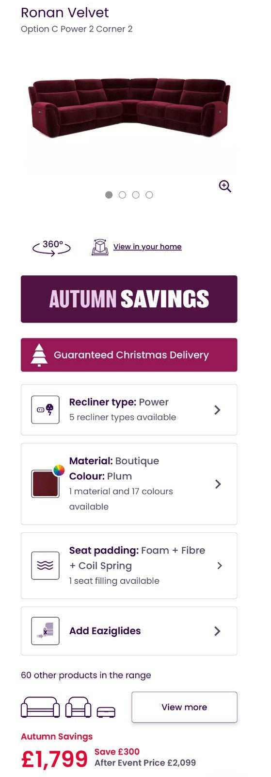 DFS Ronan Velvet Power Recliner Corner Sofa In Plum