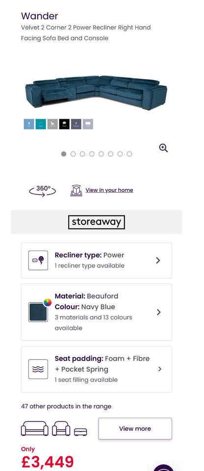 DFS Wander Velvet Power Recliner 3 Corner Sofa Bed 2 In Navy Blue