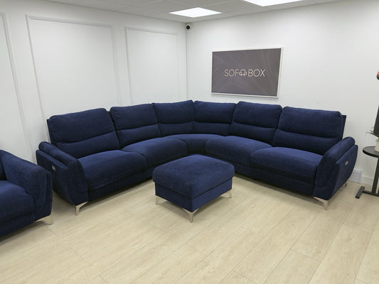 DFS Power Recliner Corner Sofa And Chair Set In Navy Blue Fabric