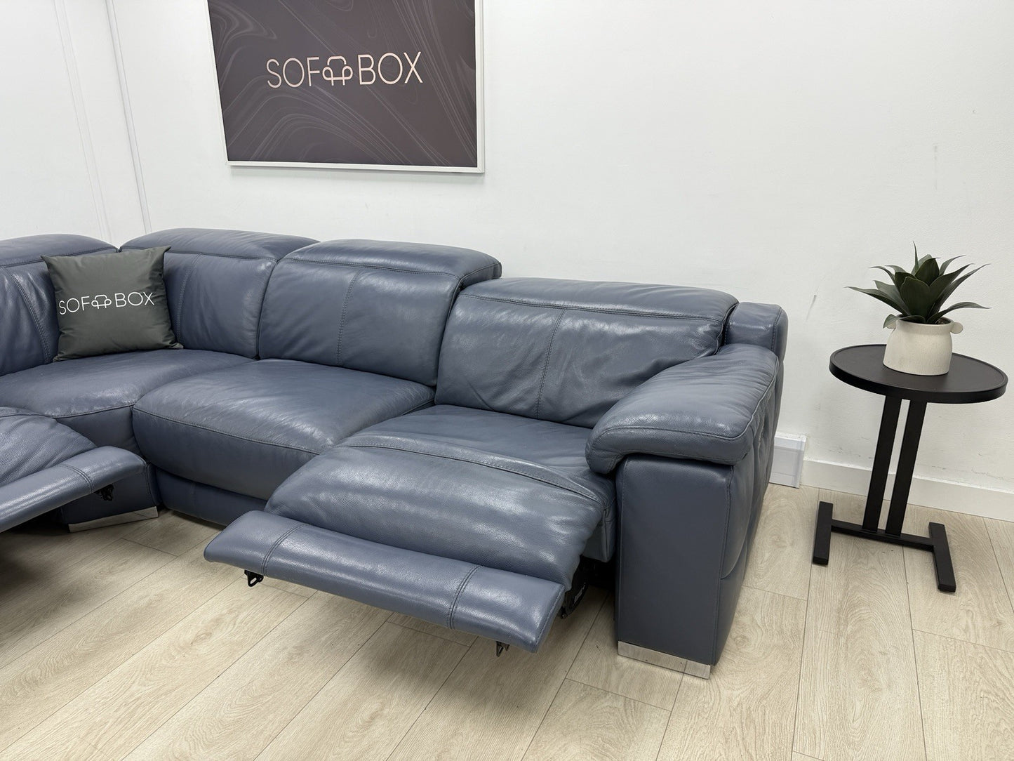 Sofology Laurence Power Recliner Corner Sofa In Smoke Blue Leather