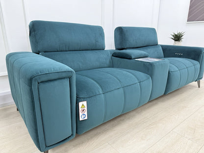 DFS Showcase Power Recliner 3 Seater Cinema Sofa In Teal Velvet Fabric