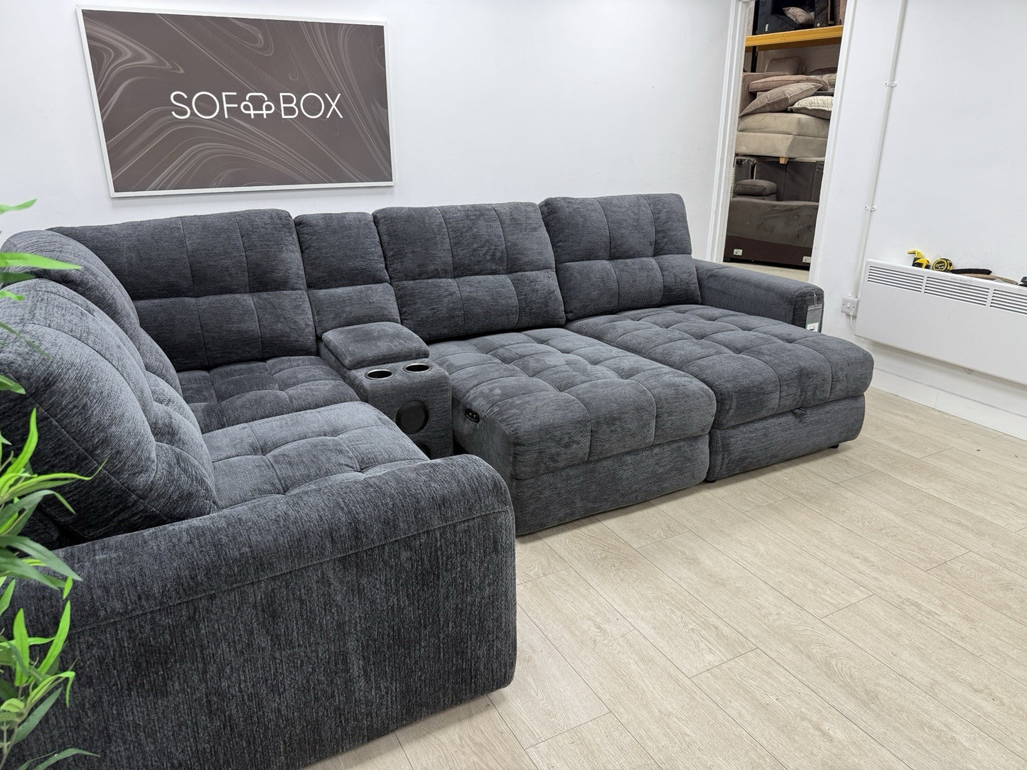 DFS Steller Power Recliner Corner Sofa W/ Speaker Storage In Nuova Black Fabric