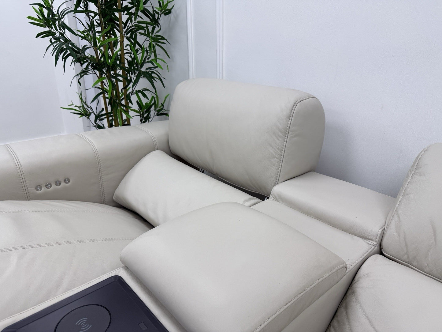DFS Showcase 2 Seater Cinema Power Recliner Sofa With Console In Frost Leather