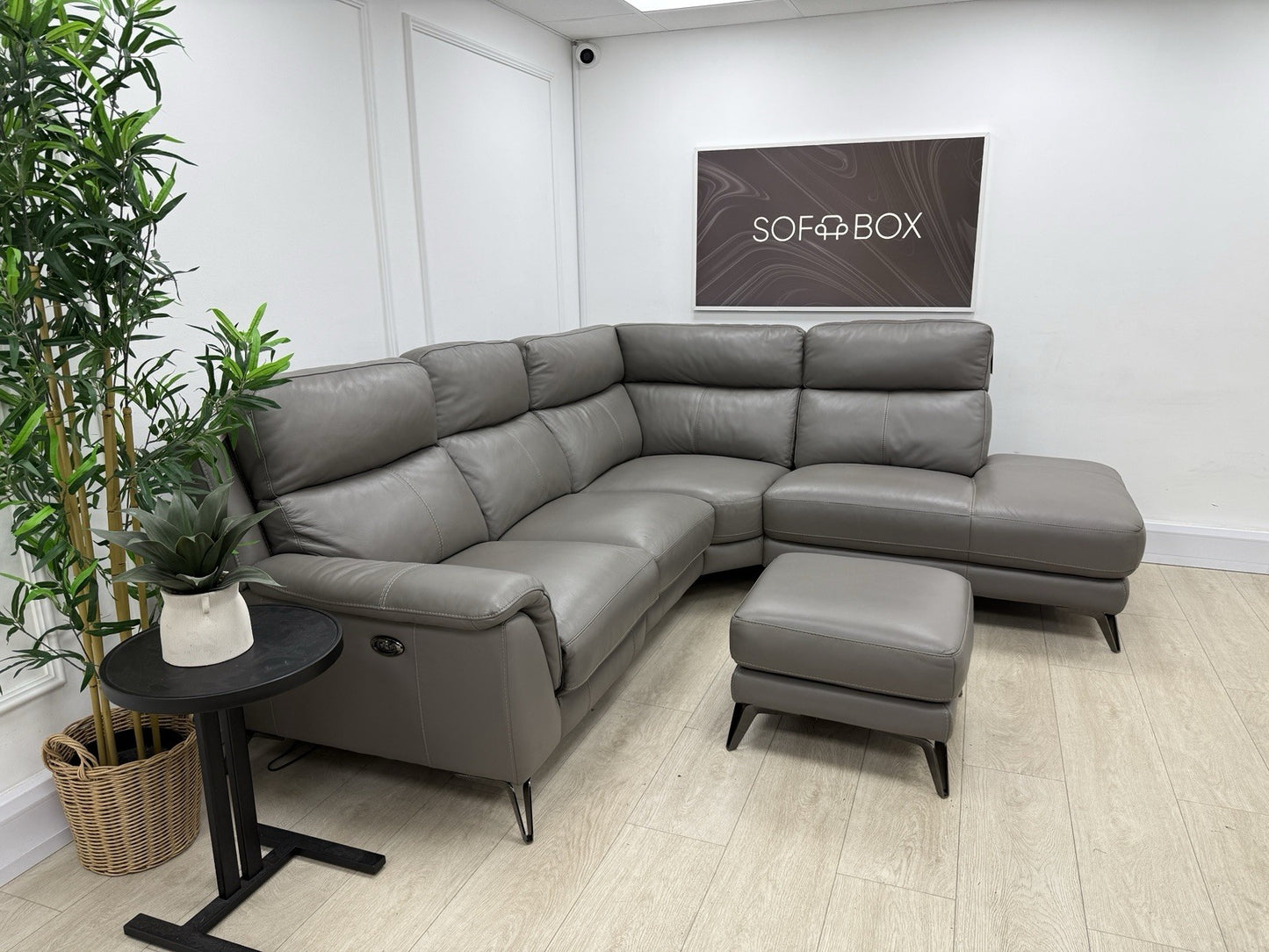 Furniture Village Contempo Power Recliner Corner Sofa &amp; Footstool Grey Leather