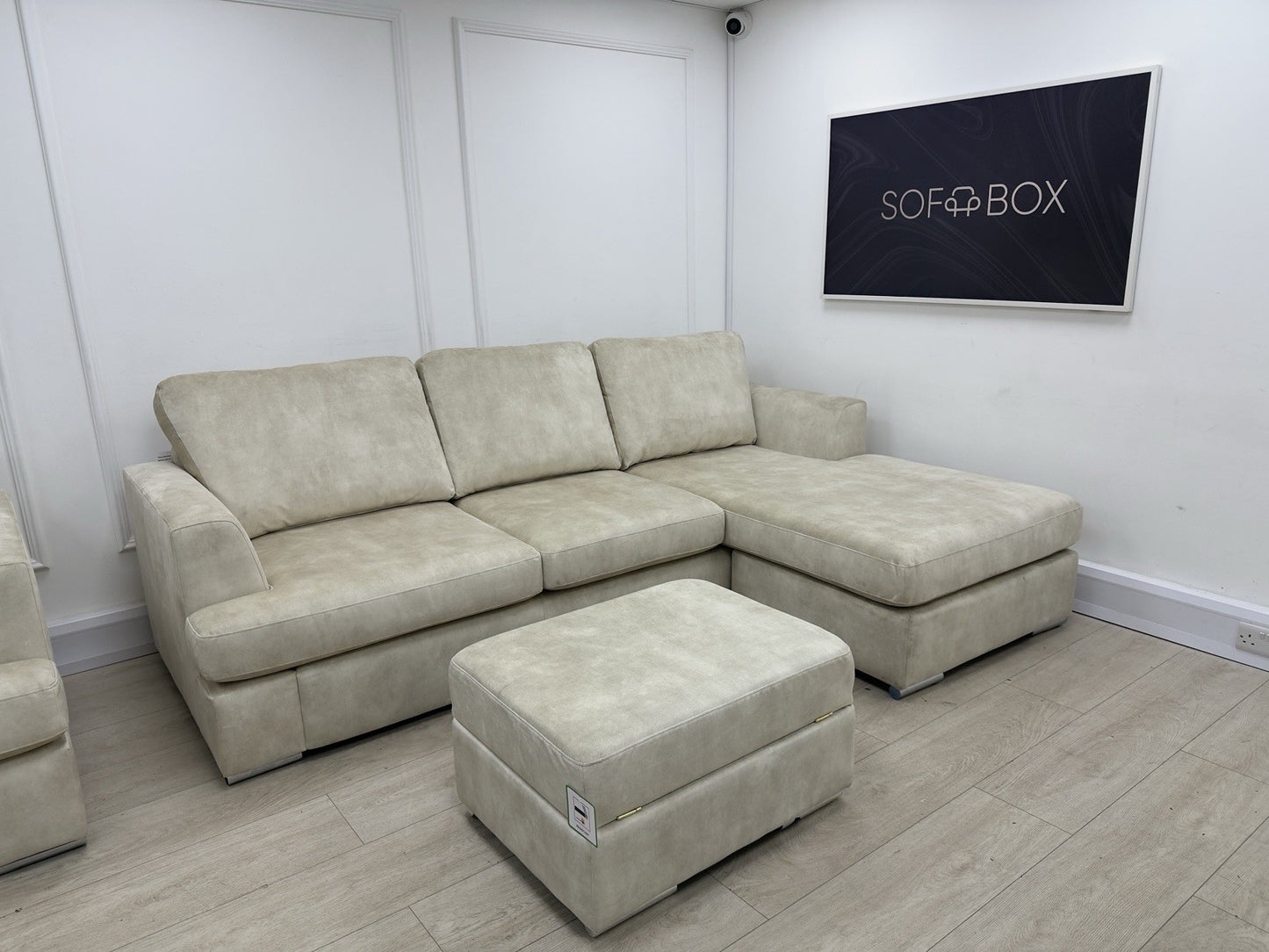 DFS Freya 4 Seater Lounger, Cuddle Chair, Footstool Set In Cream Velvet