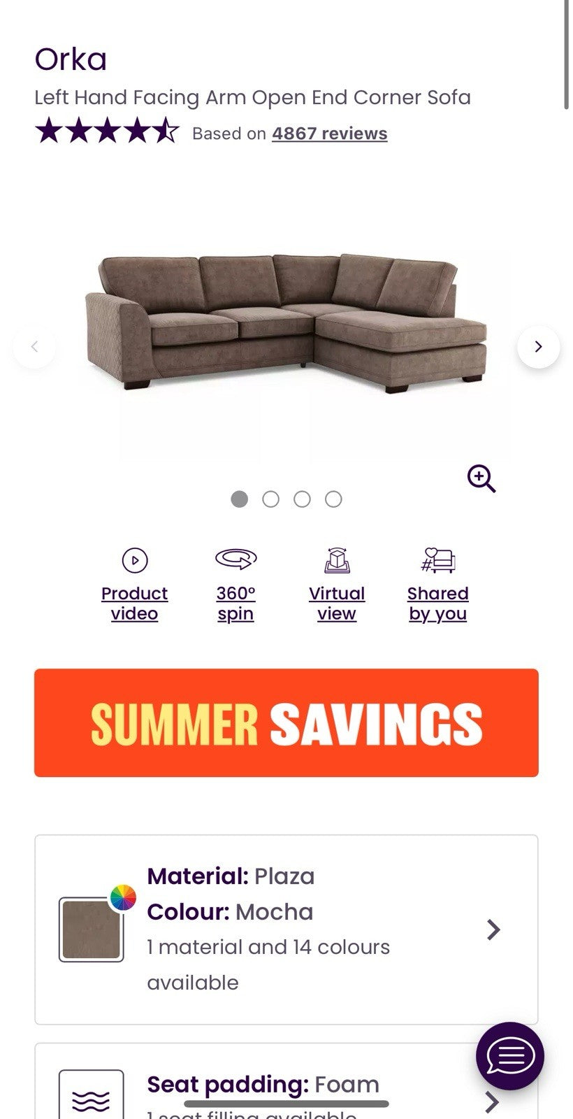DFS Orka Velvet Corner Sofa In Mocha