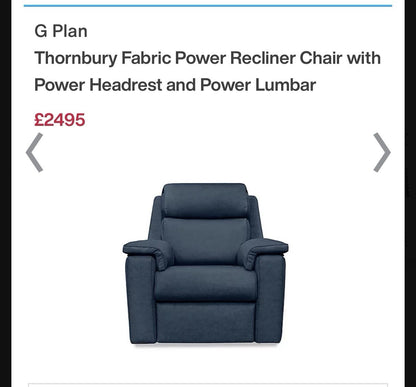 G Plan Thornbury 3 Seater & Chair Set With Power Recliner, Lumbar, Headrest Blue