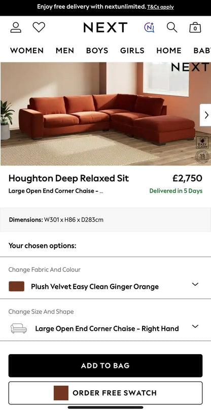 Next Houghton Deep Relaxed Sit Corner Sofa In Orange Easy Clean Velvet Fabric