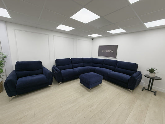 DFS Power Recliner Corner Sofa And Chair Set In Navy Blue Fabric