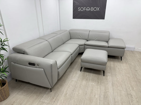 DFS Venosa Power Recliner/Headrest/Heated Corner Sofa & Footstool In Grey Mist