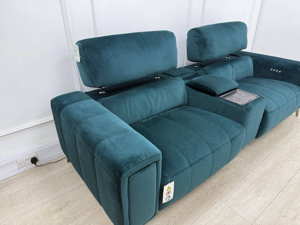 DFS Showcase 3 Seater Power Recliner Cinema Sofa In Teal Velvet Fabric