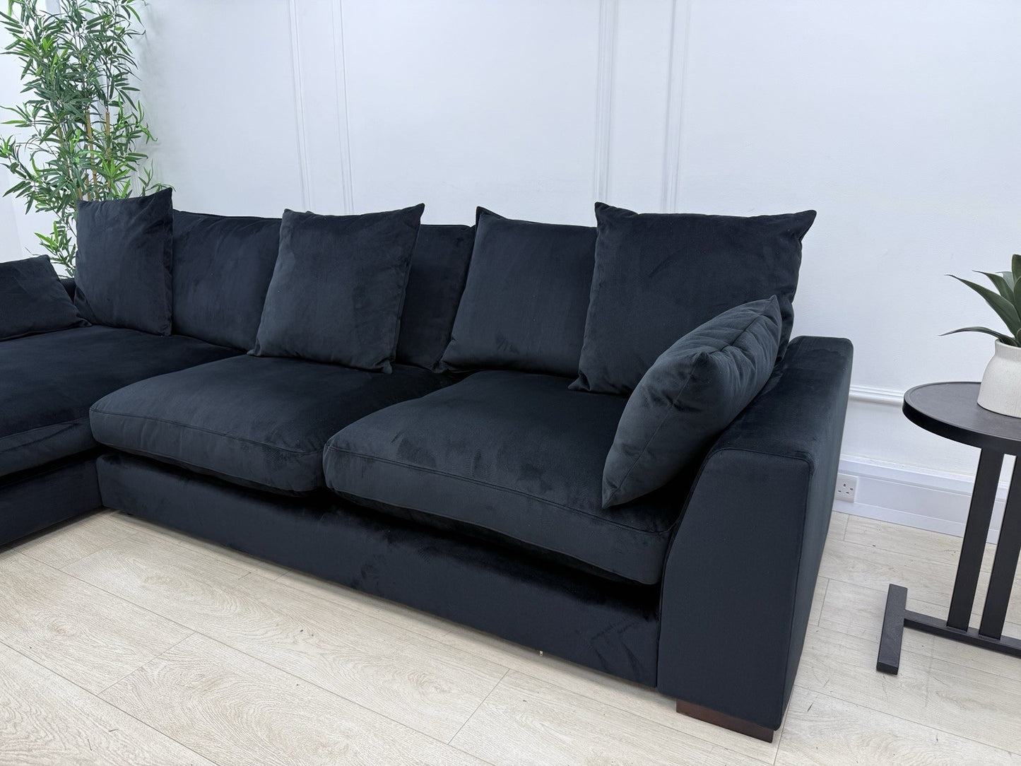 DFS Plush L Shape Chaise Corner Sofa In Black Velvet