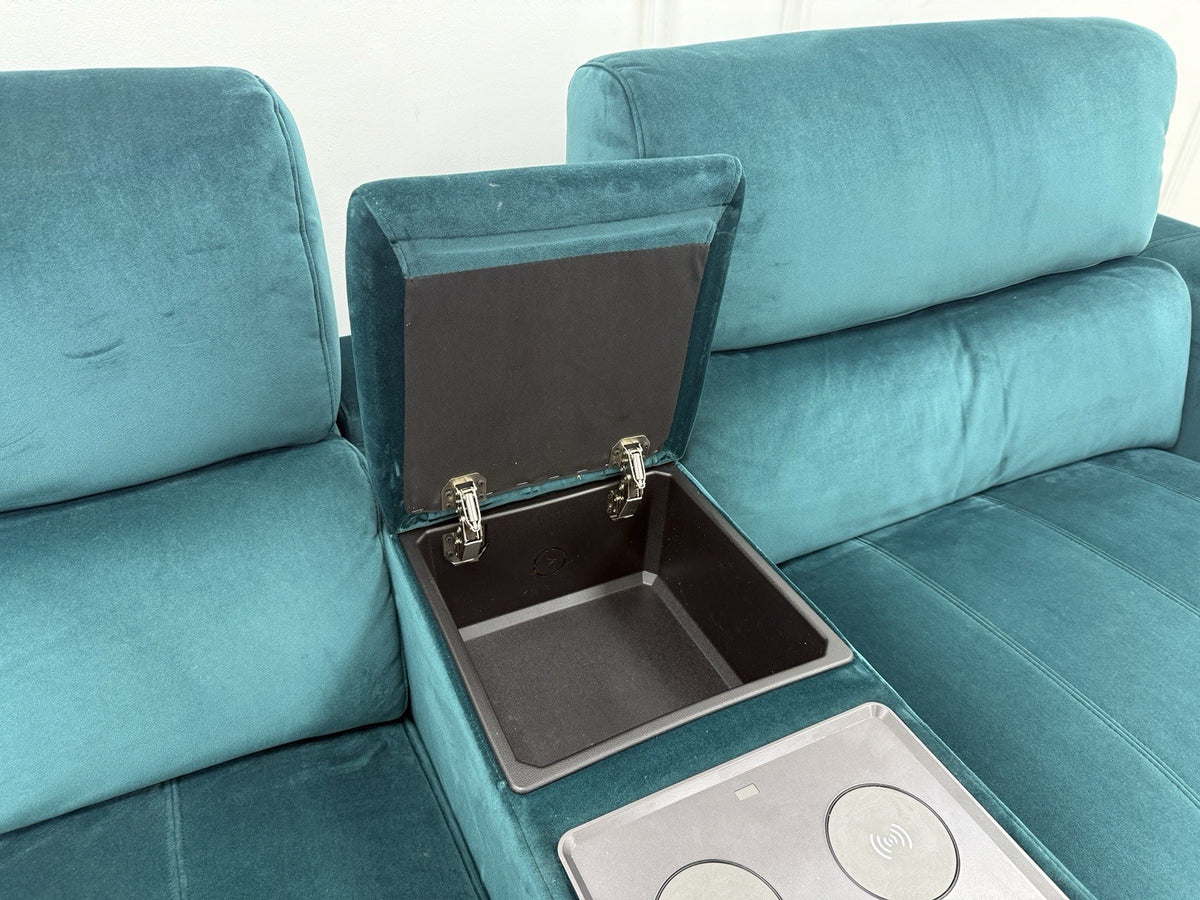 DFS Showcase 3 Seater Power Recliner Cinema Sofa In Teal Velvet Fabric