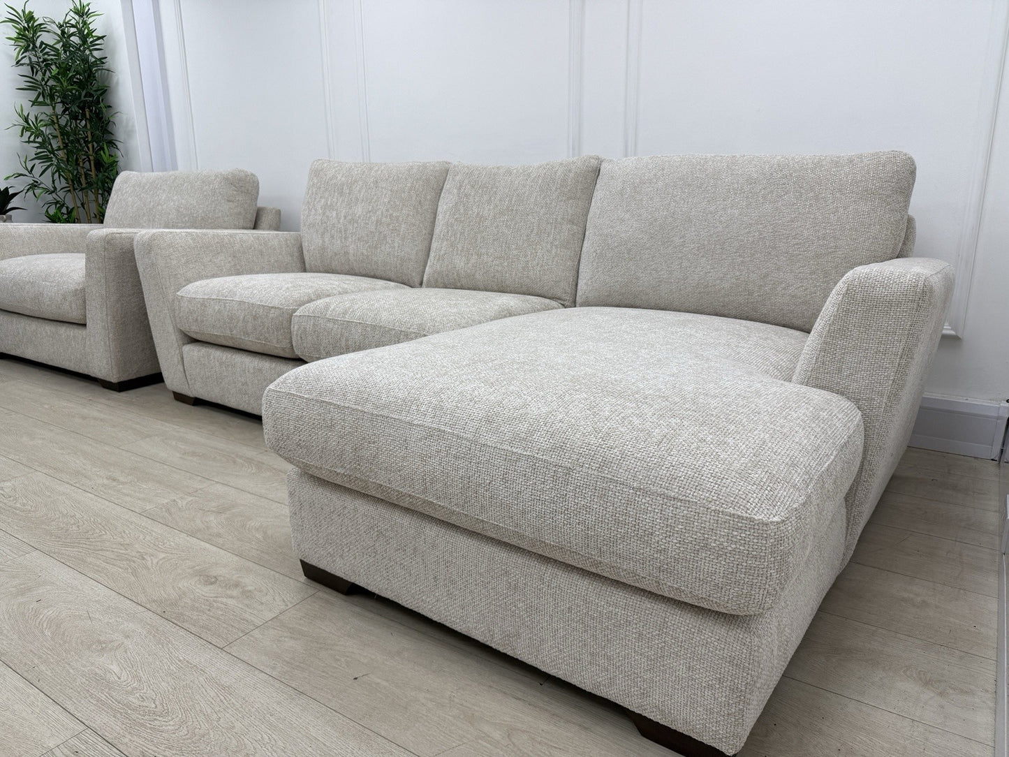 Next L Shape Sofa & Cuddle Chair Set In Chunky Cross Weave Oatmeal Fabric