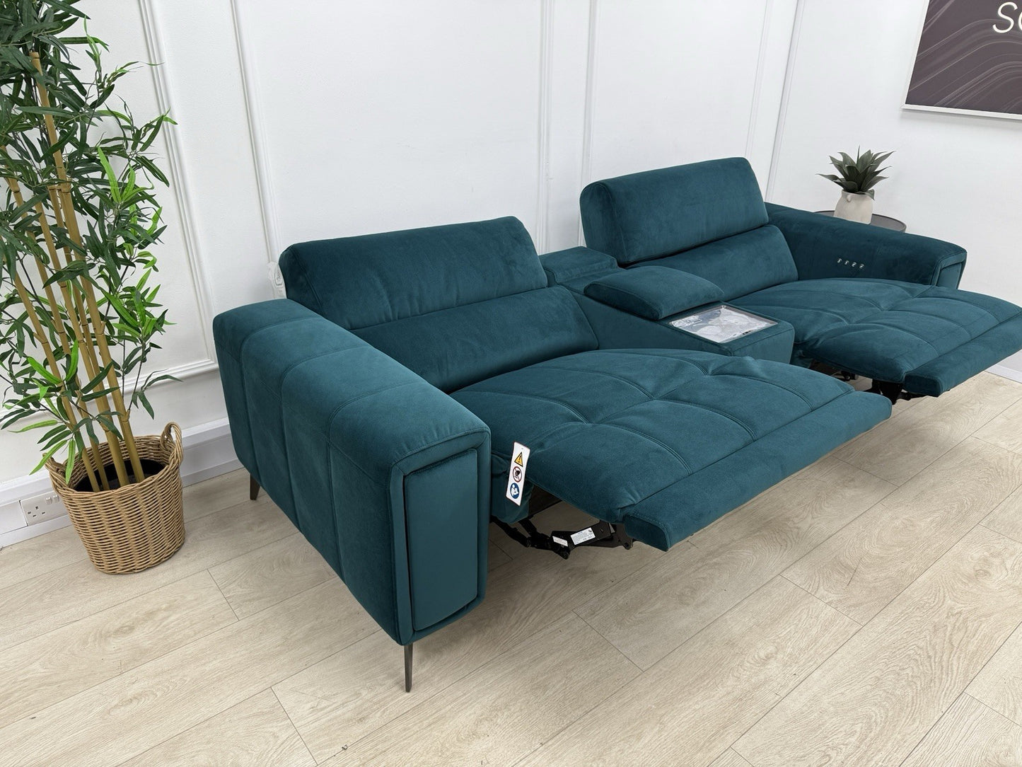 DFS Showcase Power Recliner 3 Seater Cinema Sofa In Teal Velvet Fabric